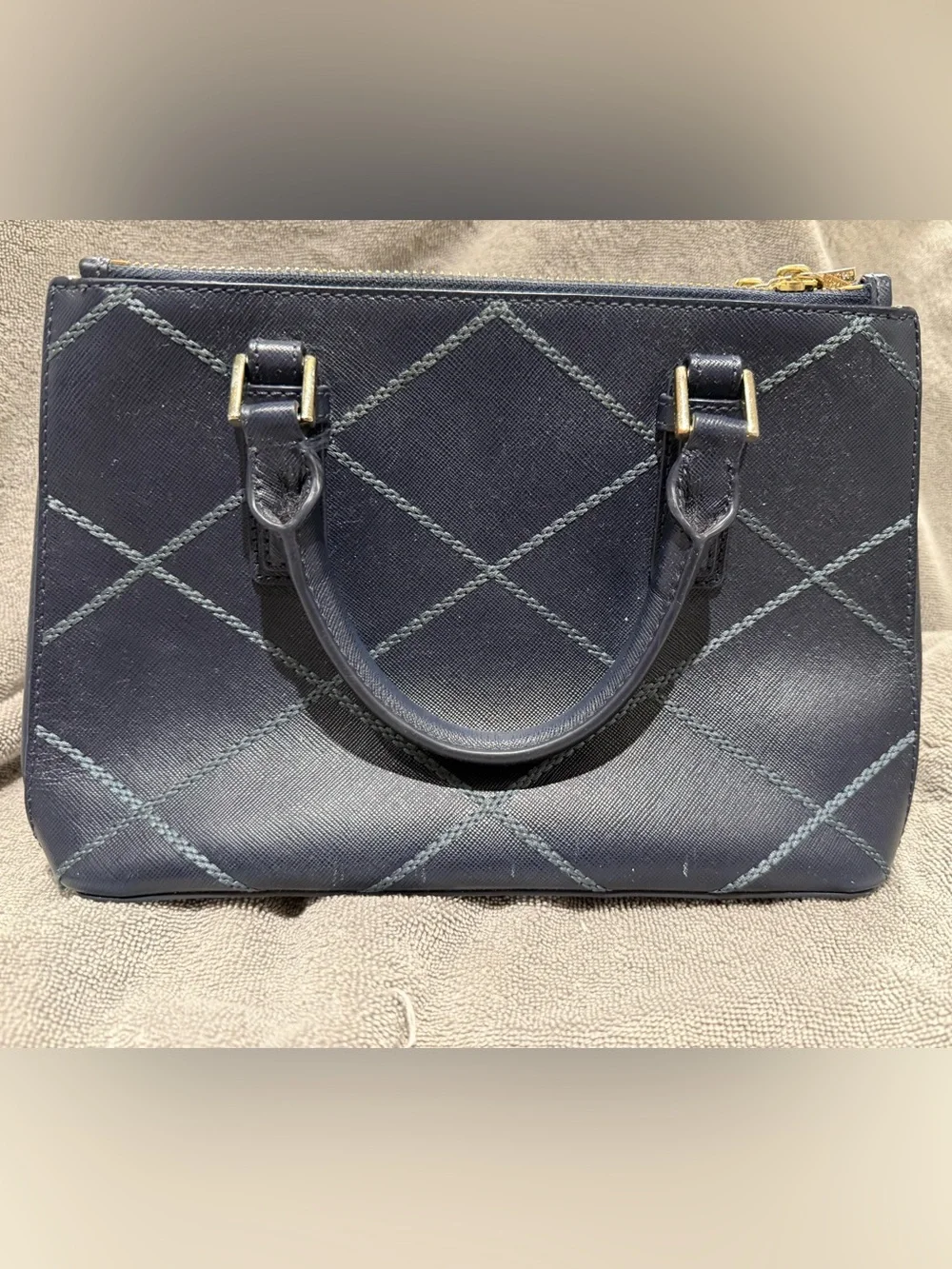 Tory Burch Quilted Navy Mini Satchel with Gold Hardware